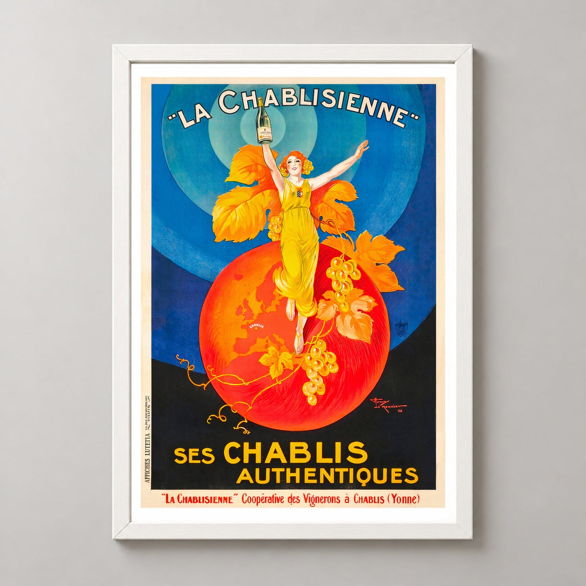 La Chablisienne Ses Chablis Authentiques - French Wine Vintage Poster — realistic white frame studio view