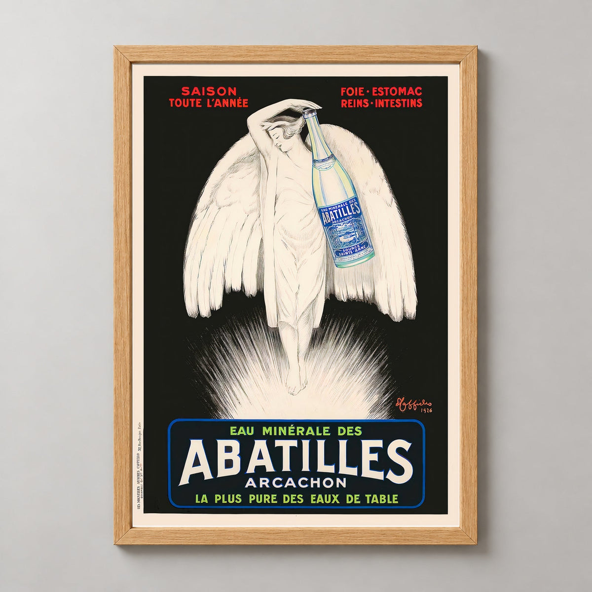 Abatilles Arcachon Mineral Water Vintage Advertising Poster by Leonetto Cappiello — realistic natural wood frame studio view