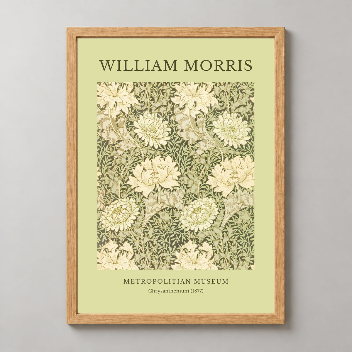 William Morris - Metropolitan Museum, Chrysanthemum Print (1877) — realistic natural wood frame studio view