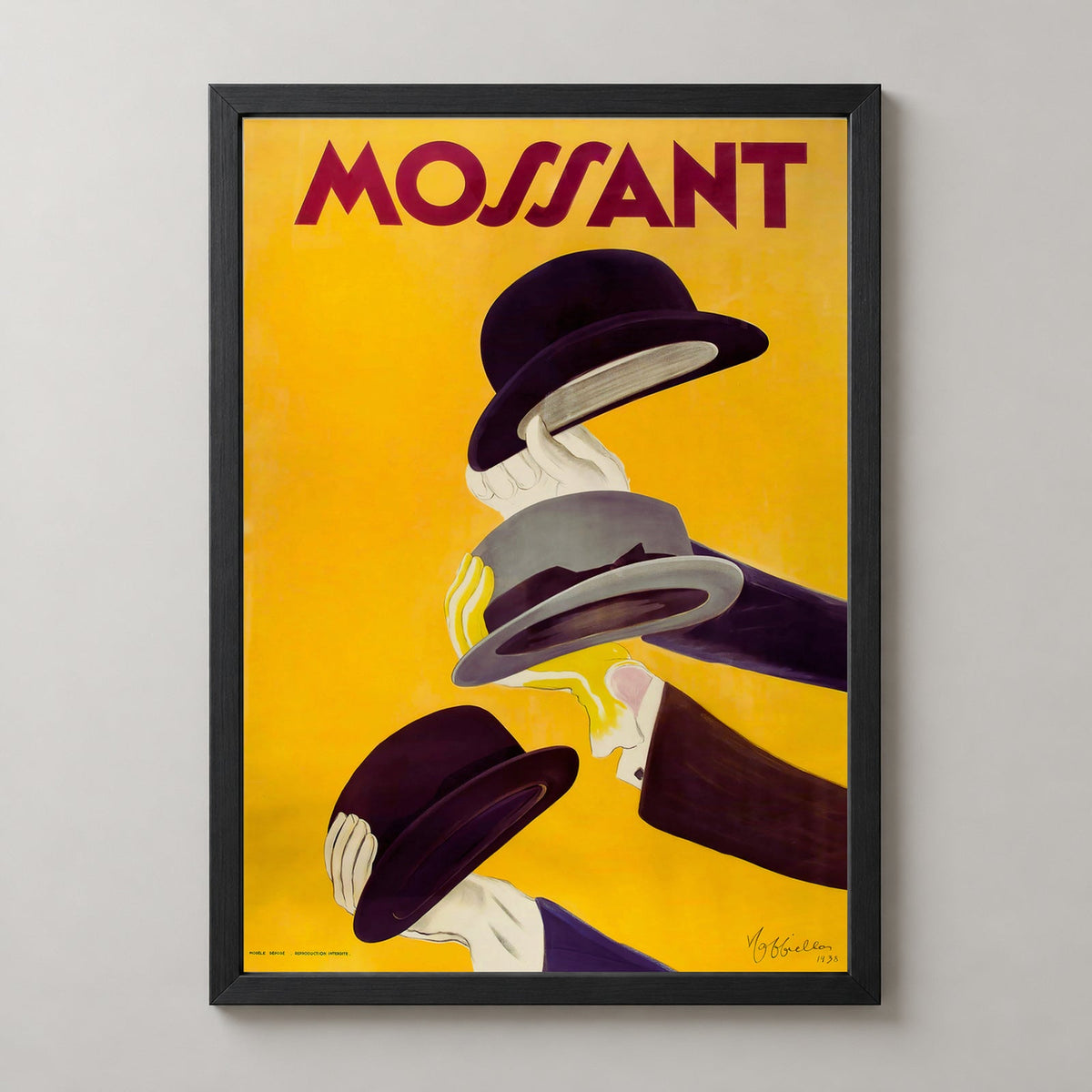 Mossant Hat Company Vintage Advertising Poster - Framed/Unframed — realistic black frame studio view