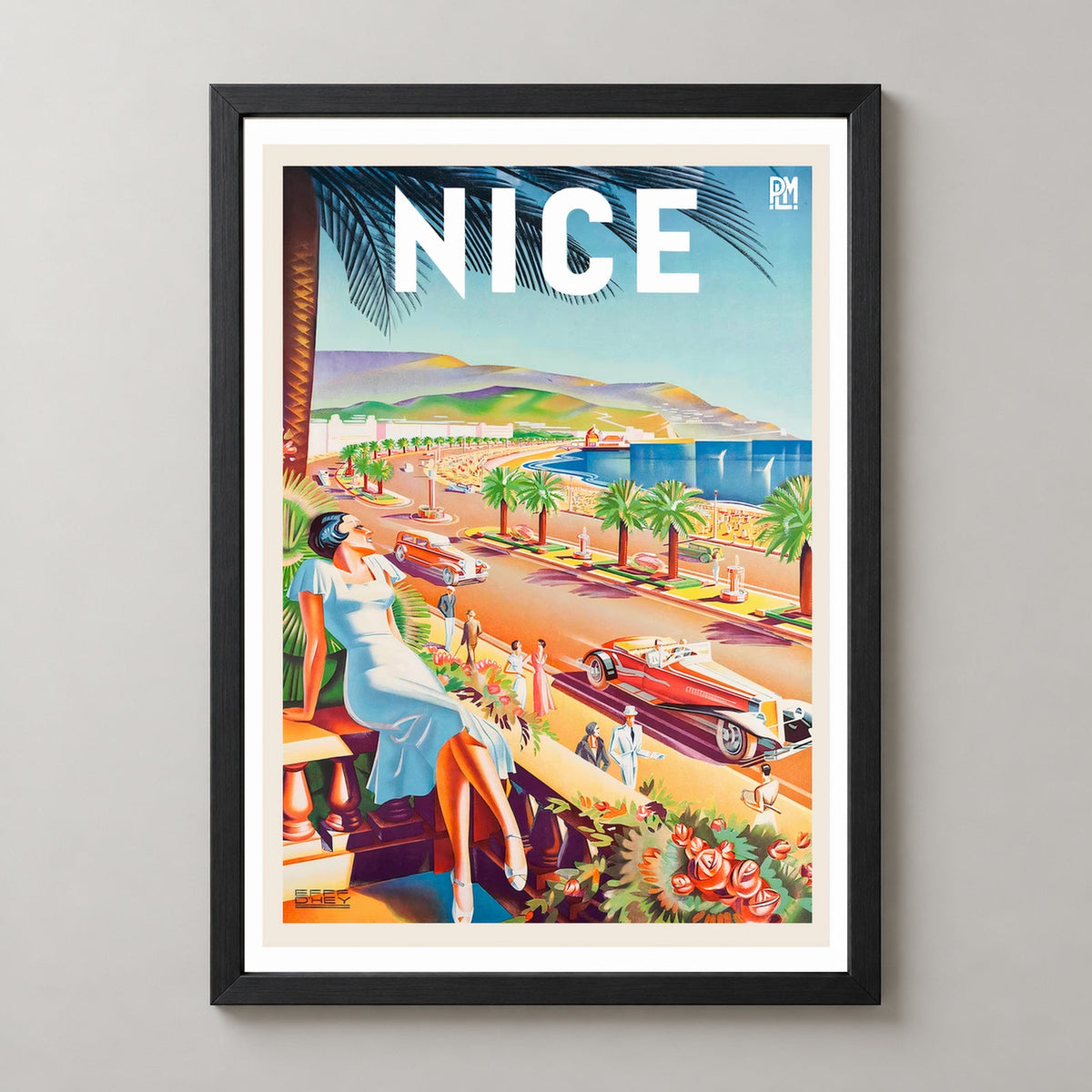 Nice French Riviera Vintage Travel Poster - Framed/Unframed — realistic black frame studio view