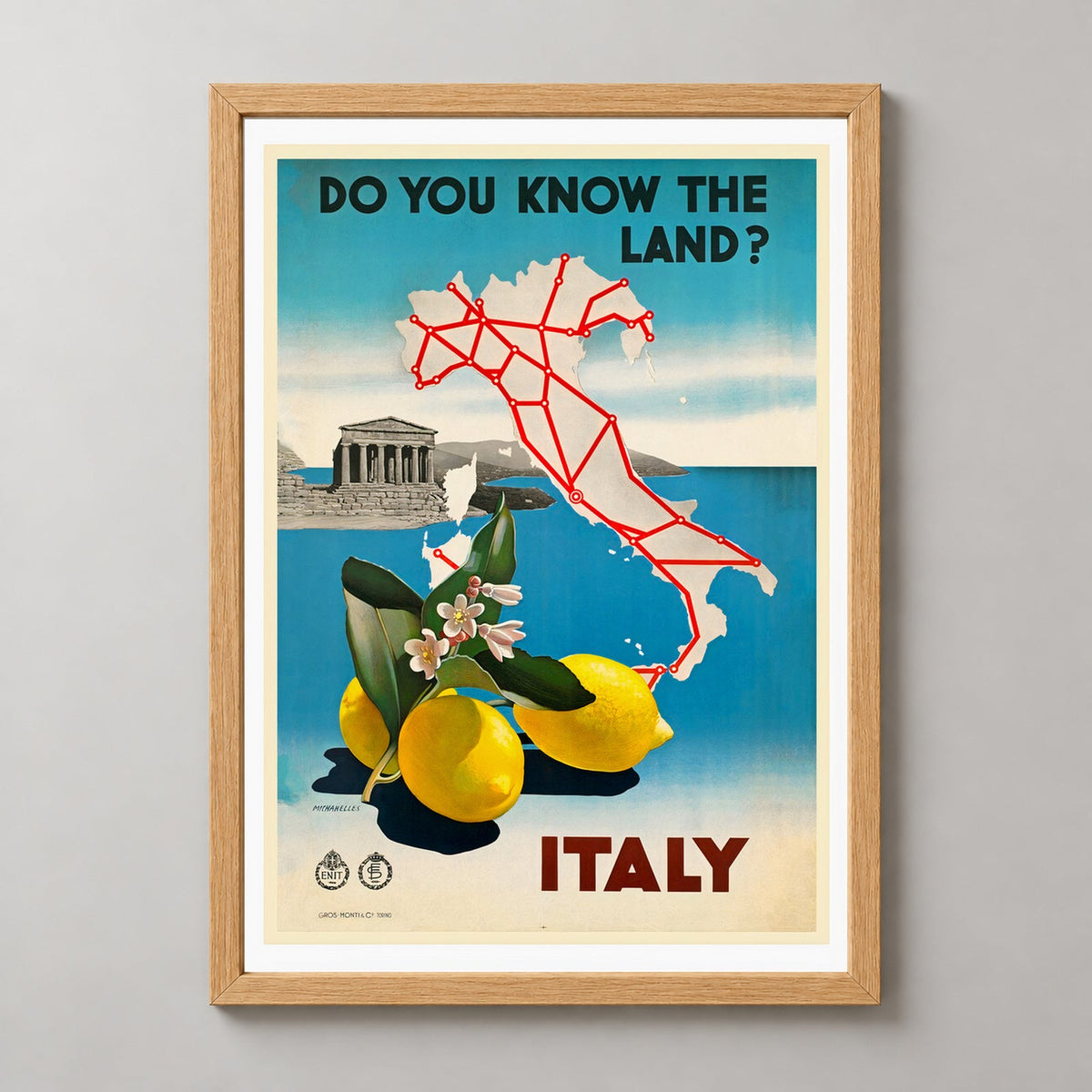 Italy Do You Know the Land Vintage Travel Print — realistic natural wood frame studio view