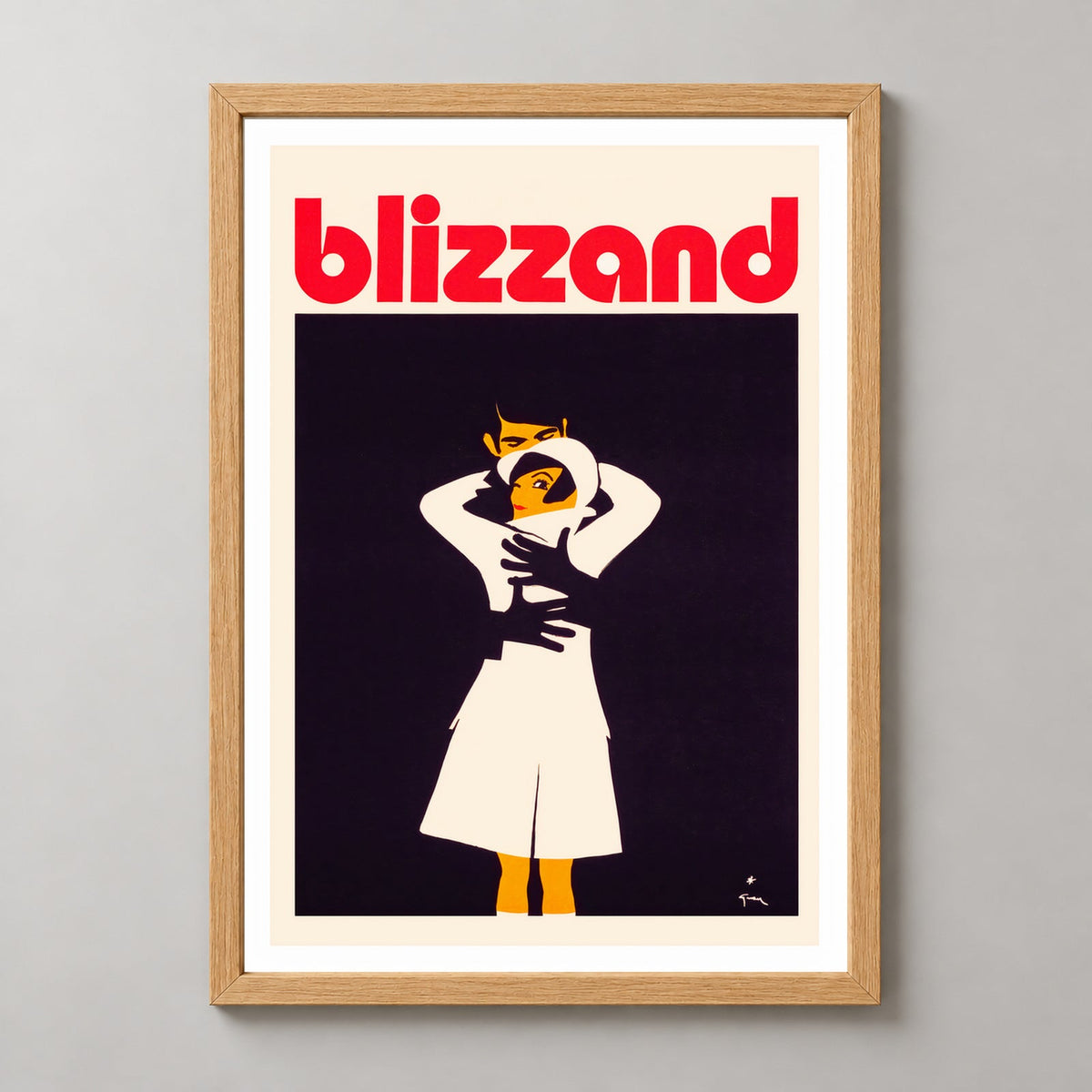 Blizzand Embrace Vintage Advertising Poster - Vibrant Retro Art Print — realistic natural wood frame studio view