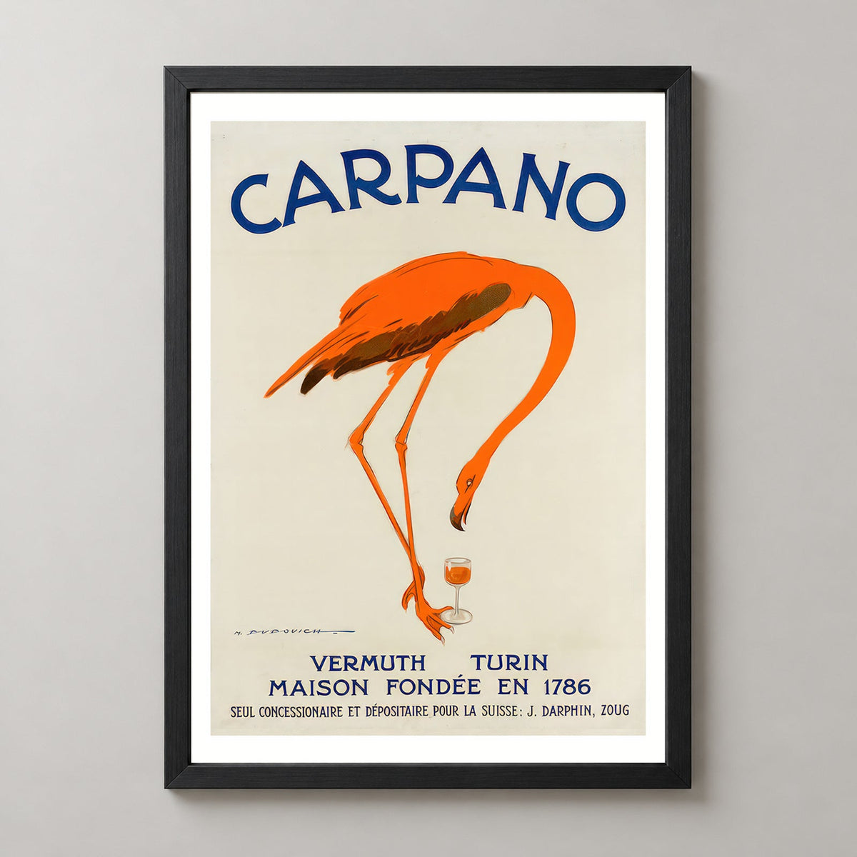 Carpano Vermouth Flamingo Vintage Advertising Poster — realistic black frame studio view