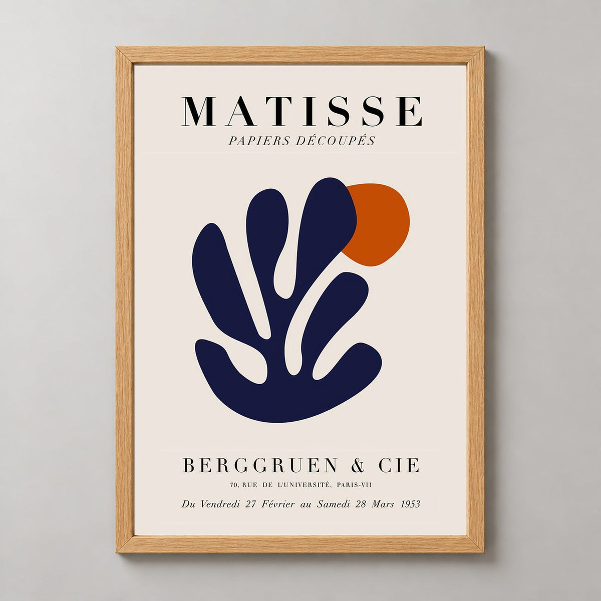 Papiers Découpés Matisse Print Navy Blue Coral — realistic natural wood frame studio view