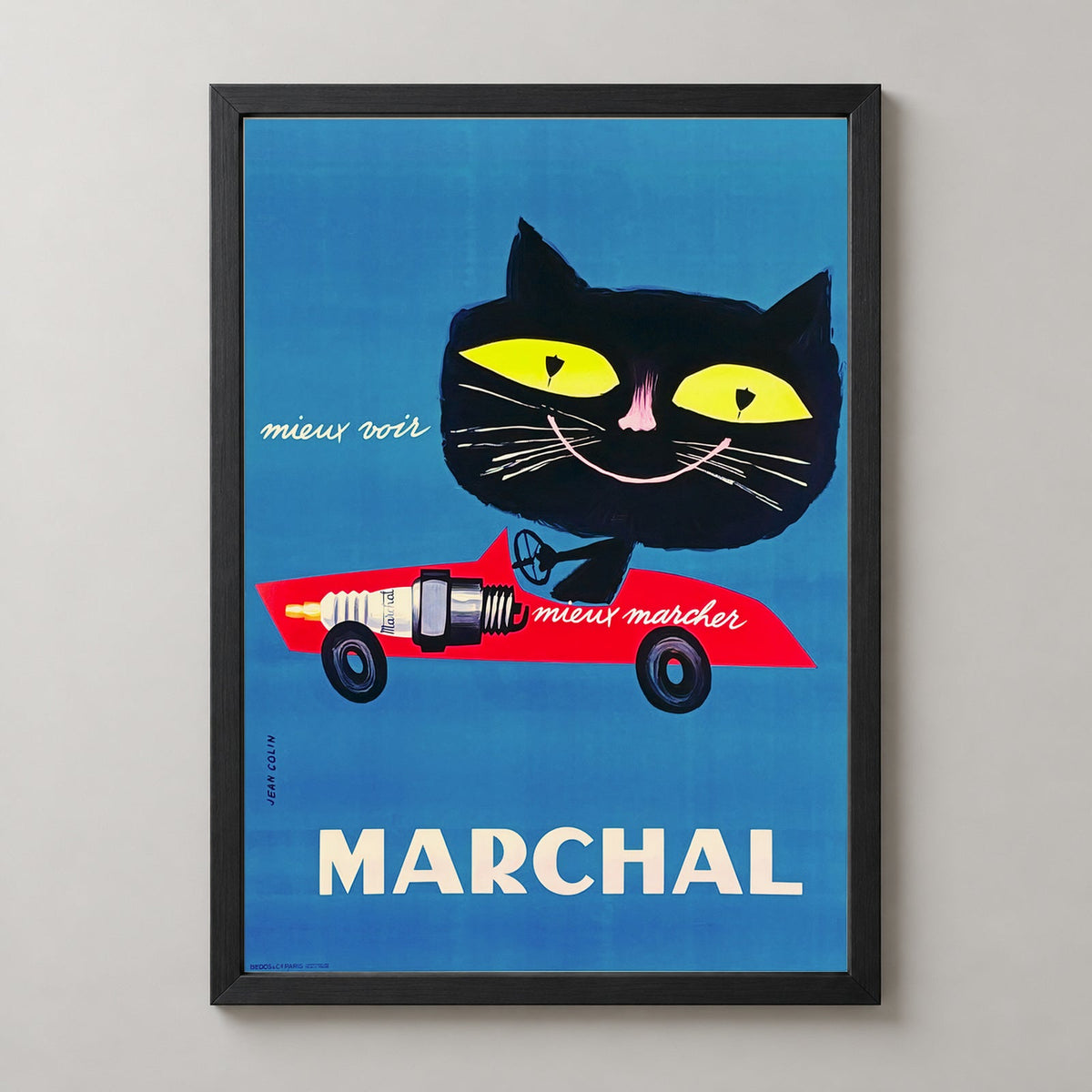 Marchal Cat Spark Plug Vintage Advertising Poster by Jean Colin — realistic black frame studio view