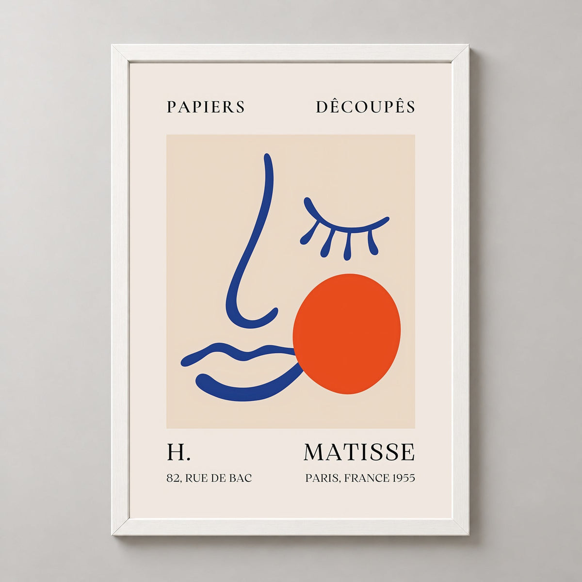 Papiers Découpés Blue Face with Orange, H. Matisse Print (1955) — realistic white frame studio view