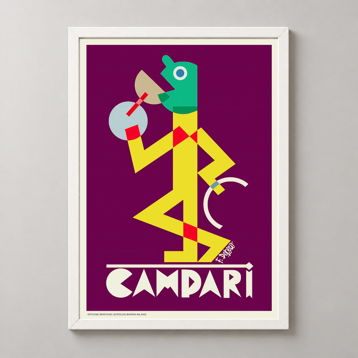 Campari Viola by Fortunato Depero (1928) Vintage Advertising Poster — realistic white frame studio view