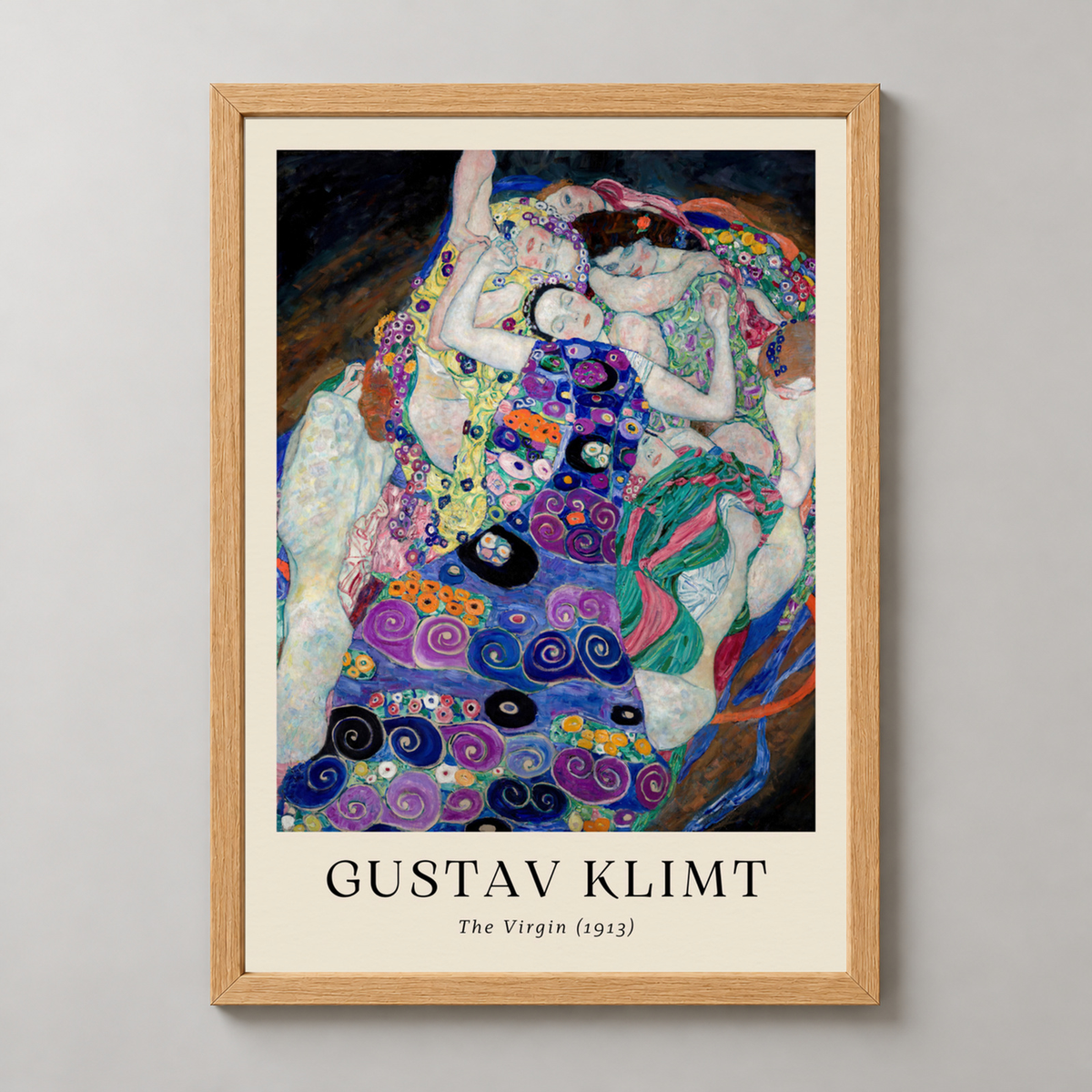 Gustav Klimt's The Virgin - Iconic Art Nouveau Art Print — realistic natural wood frame studio view