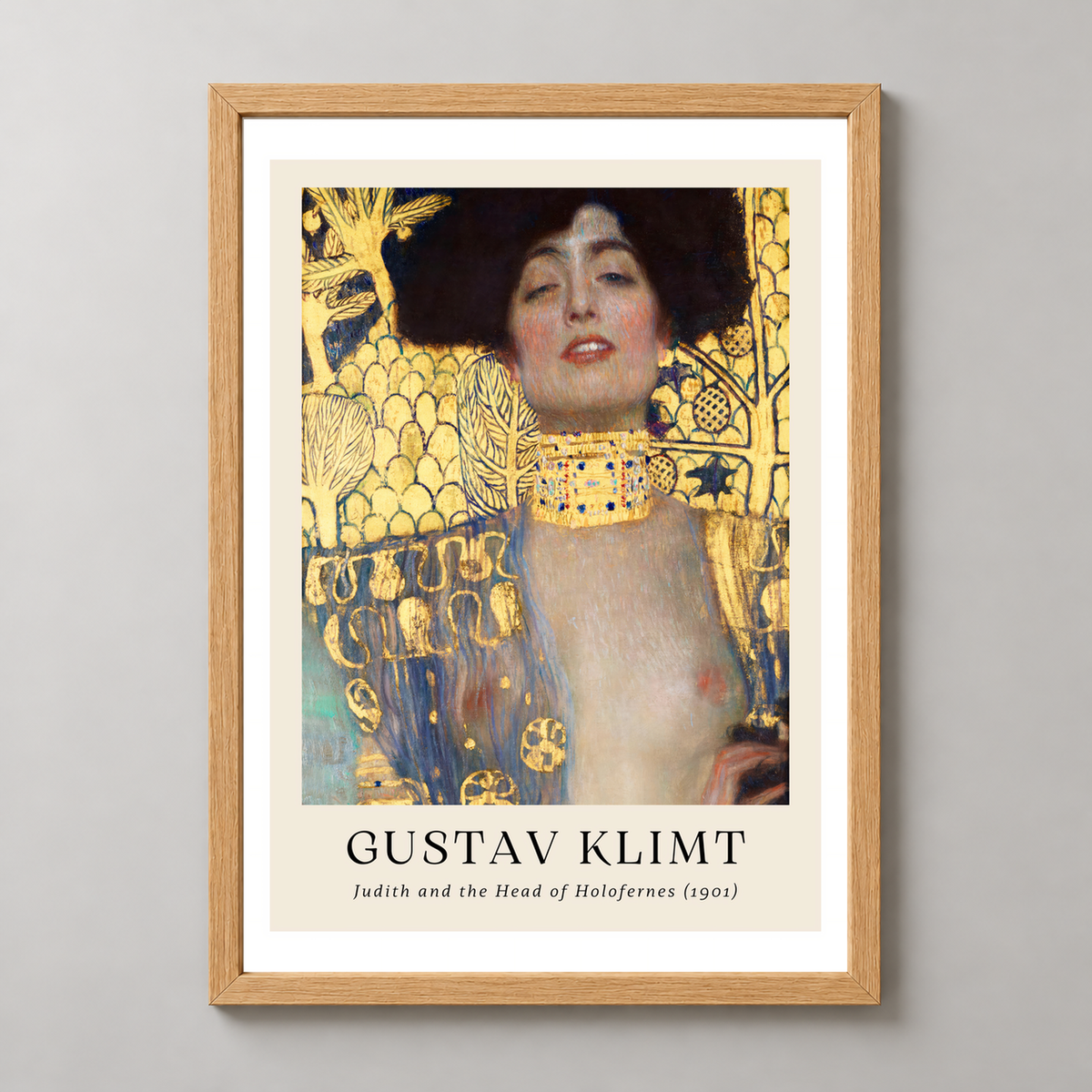 Gustav Klimt's Judith and the Head of Holofernes - Iconic Art Nouveau Print — realistic natural wood frame studio view
