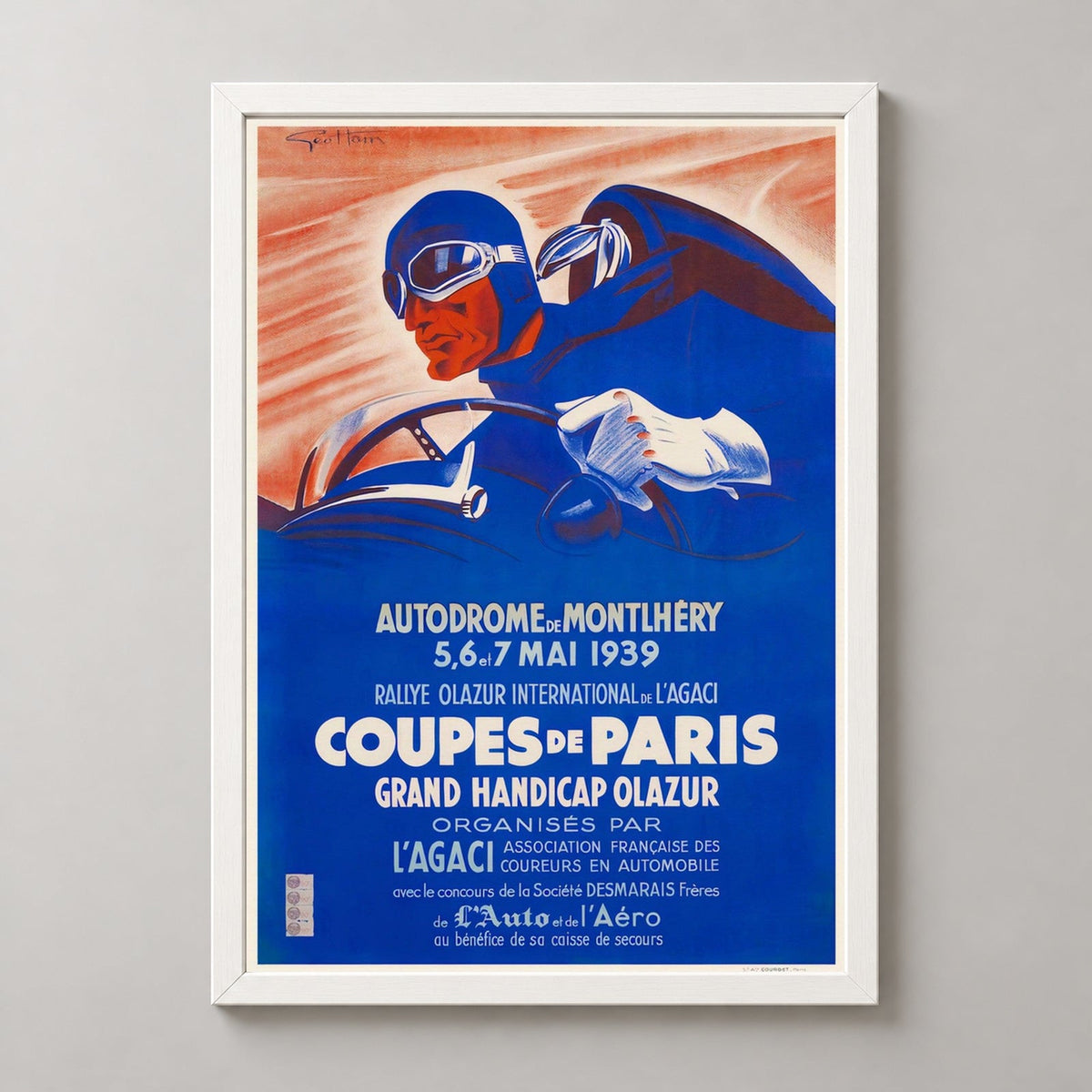 Autodrome of Montlhery France Automobile Rally Olazar 1939 Vintage Racing Poster — realistic white frame studio view