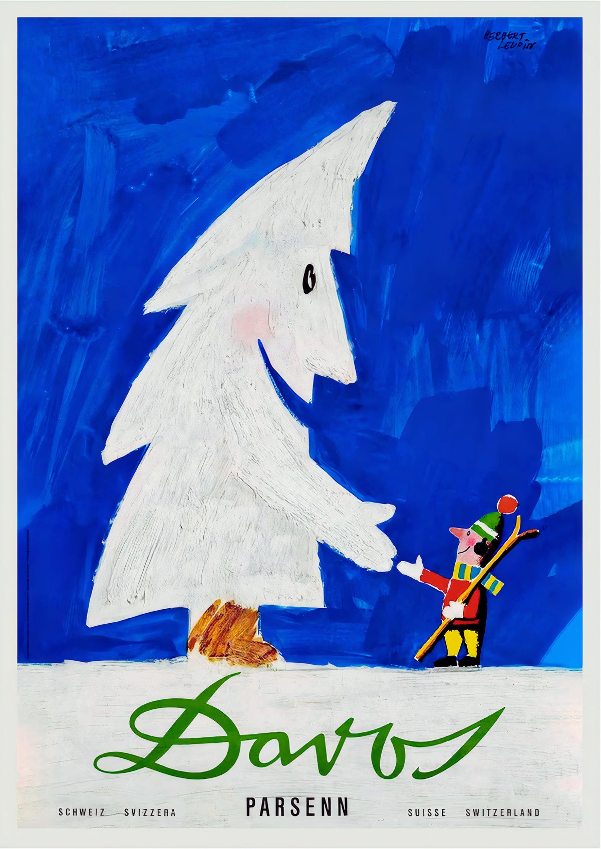 Vintage Ski Poster - Davos Parsenn Snow Tree - Swiss Alps Memorabilia — poster only, complete unframed artwork