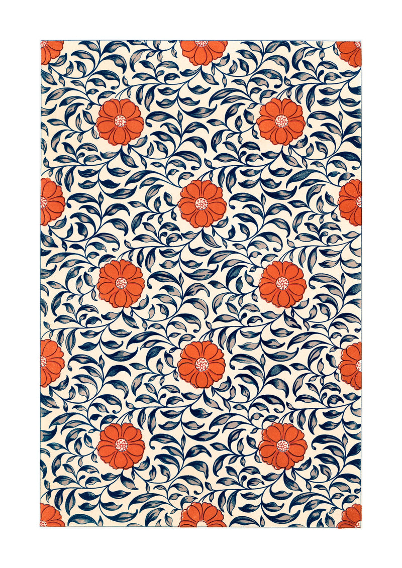 Chinese Ornament Floral Botanical Art Print. Orange flowers and curling blue leaves repeat across a warm cream ground in this ornamental plate from Owen Jones’s 1867 Examples of Chinese Ornament