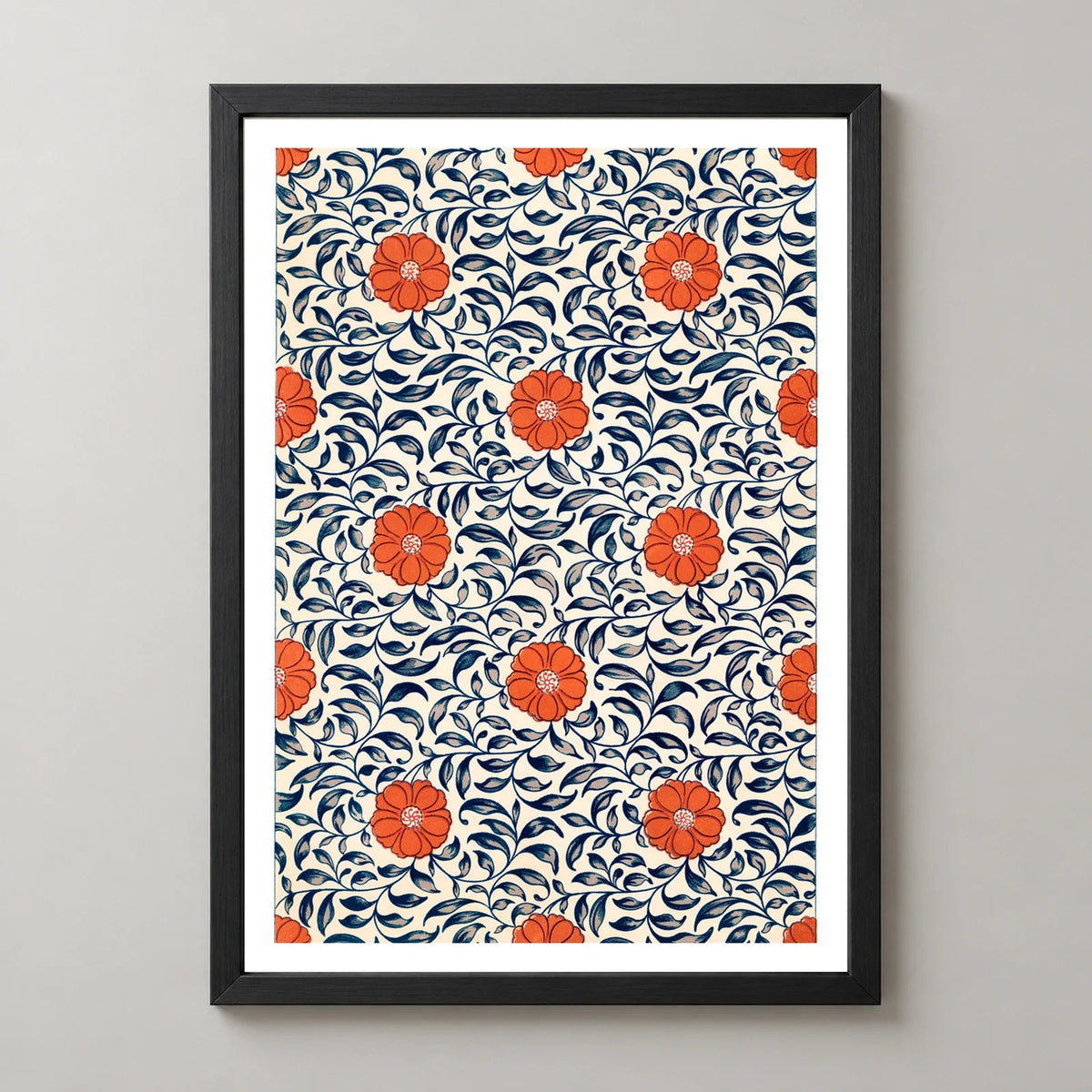 Chinese Ornament Floral Botanical Art Print in a black frame, front view