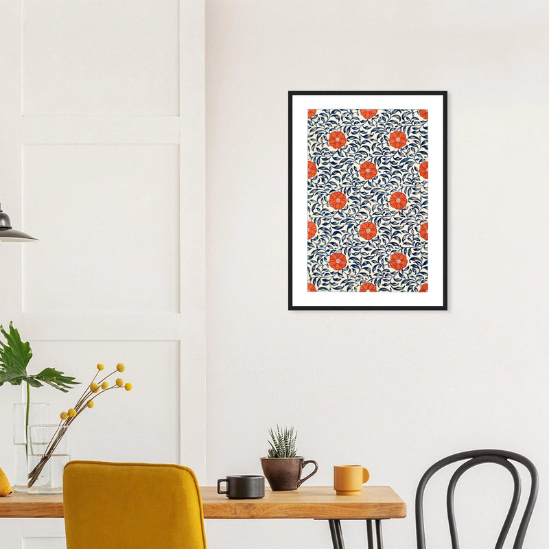 Chinese Ornament — Floral Plate in a black frame above a dining table; styled room mockup