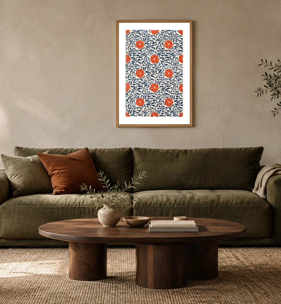 Chinese Ornament — Floral Plate in a natural wood frame above an olive sofa; styled living-room mockup