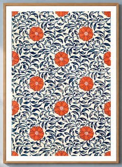 Chinese Ornament Floral Botanical Art Print in a natural wood frame; close-up of the framed artwork.