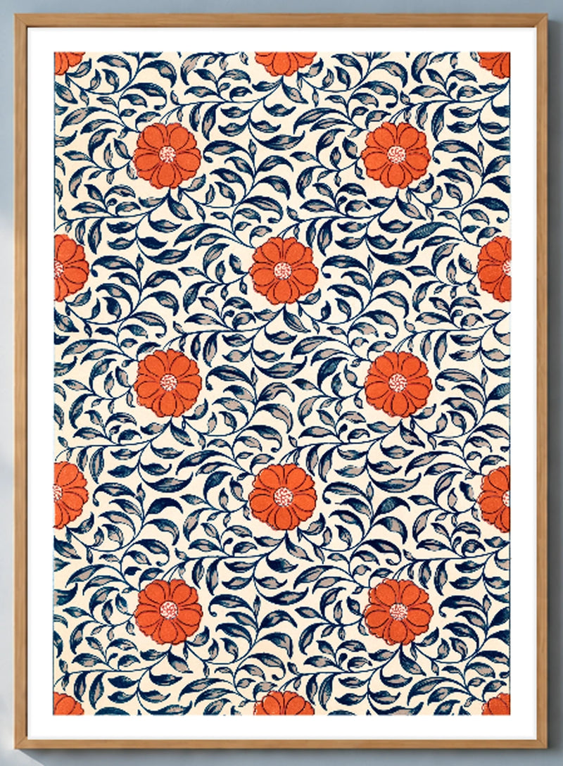 Chinese Ornament Floral Botanical Art Print in a natural wood frame; close-up of the framed artwork.