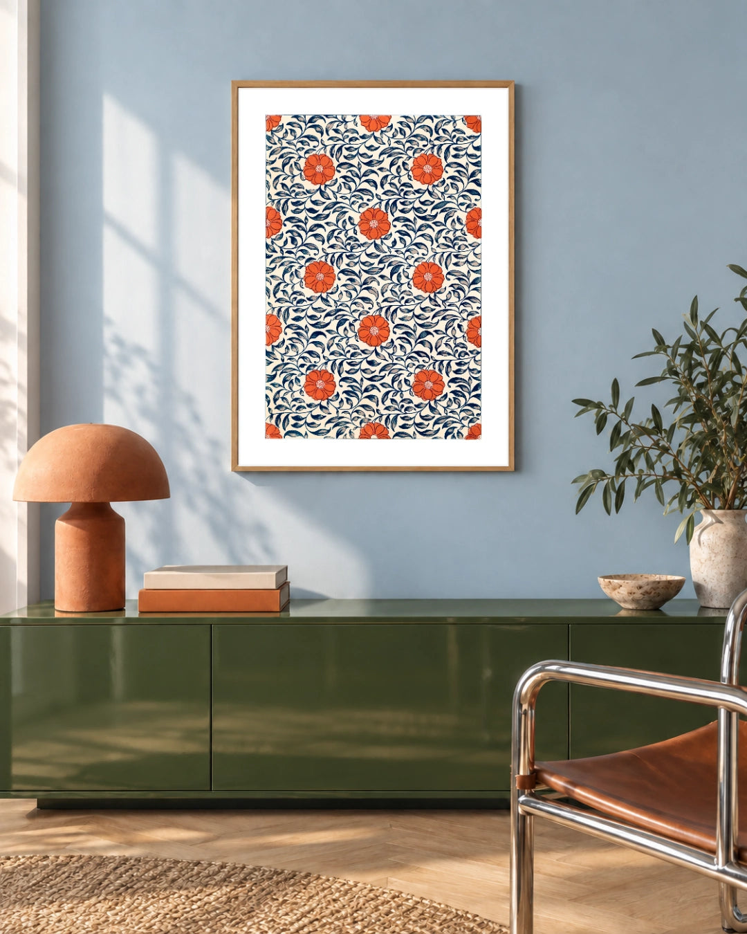 Chinese Ornament Floral Botanical Art Print in a natural wood frame; styled modern olive setting.