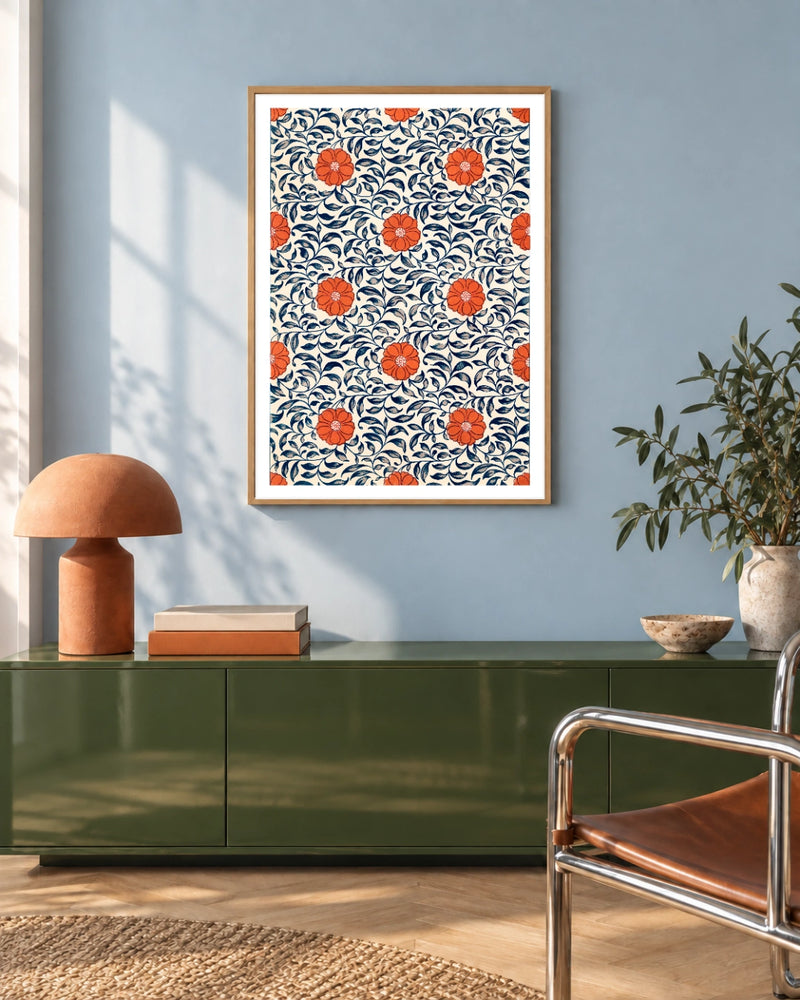 Chinese Ornament Floral Botanical Art Print in a natural wood frame; styled modern olive setting.