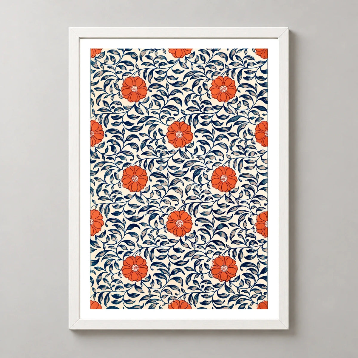 Chinese Ornament Floral Botanical Art Print in a white frame, front view