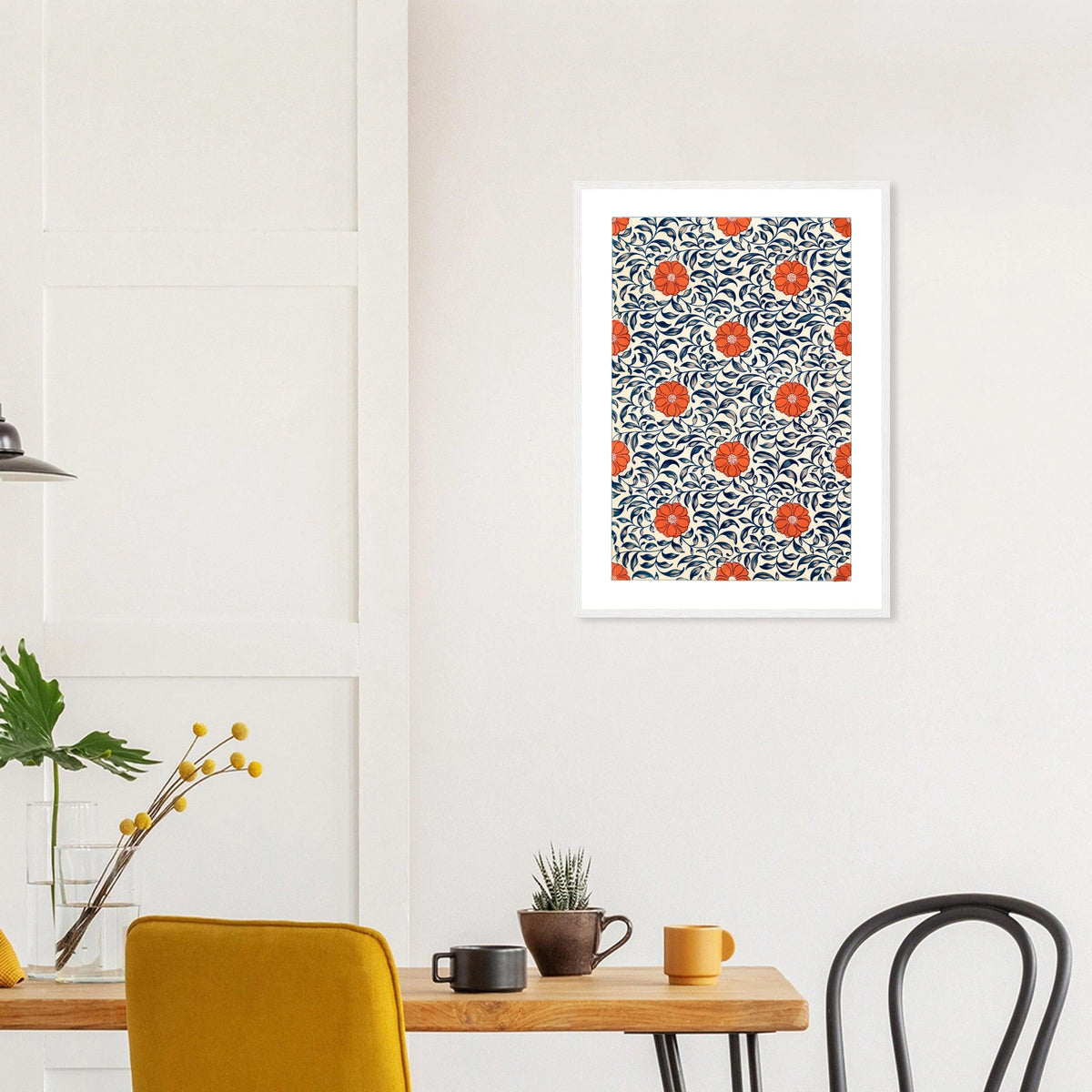 Chinese Ornament — Floral Plate in a white frame above a dining table; styled room mockup