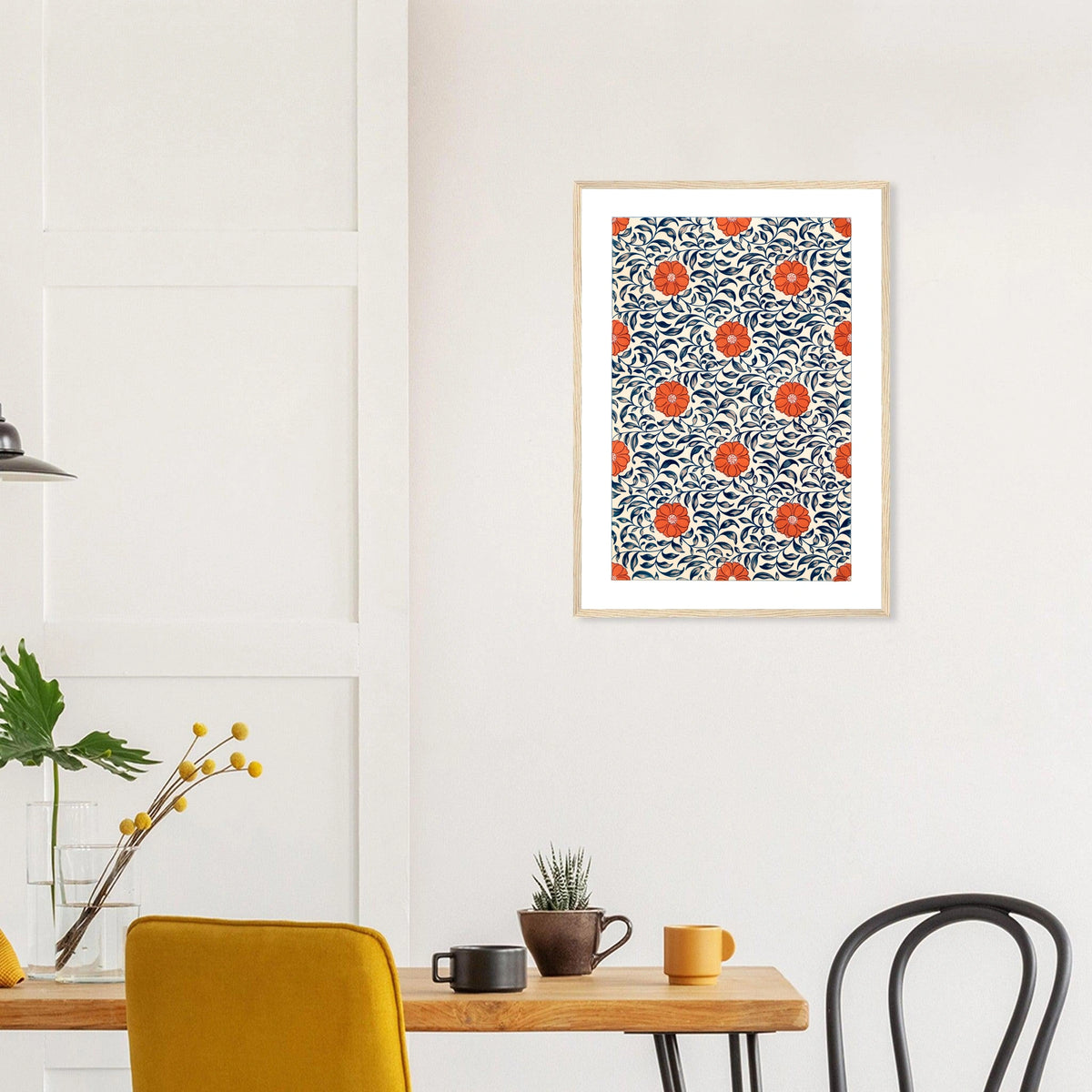 Chinese Ornament — Floral Plate in a natural wood frame above a dining table; styled room mockup