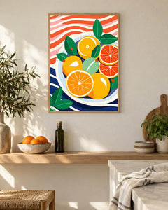 Citrus Bowl and Waves — styled room visualisation in a natural wood frame