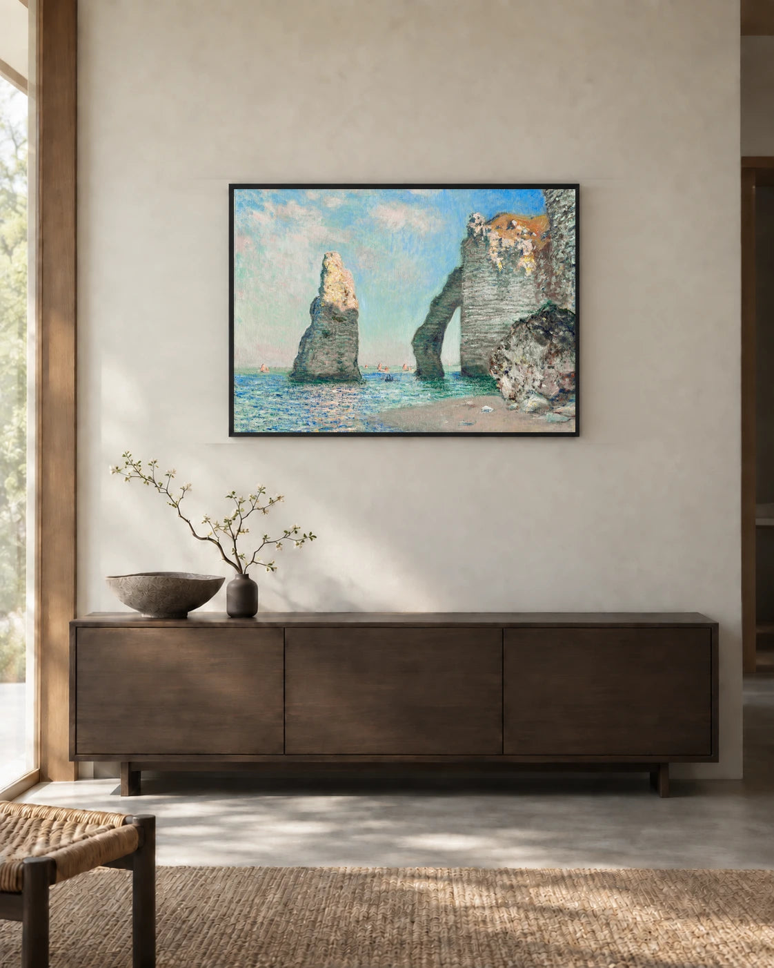 Cliffs at Étretat — styled room visualisation in a black frame