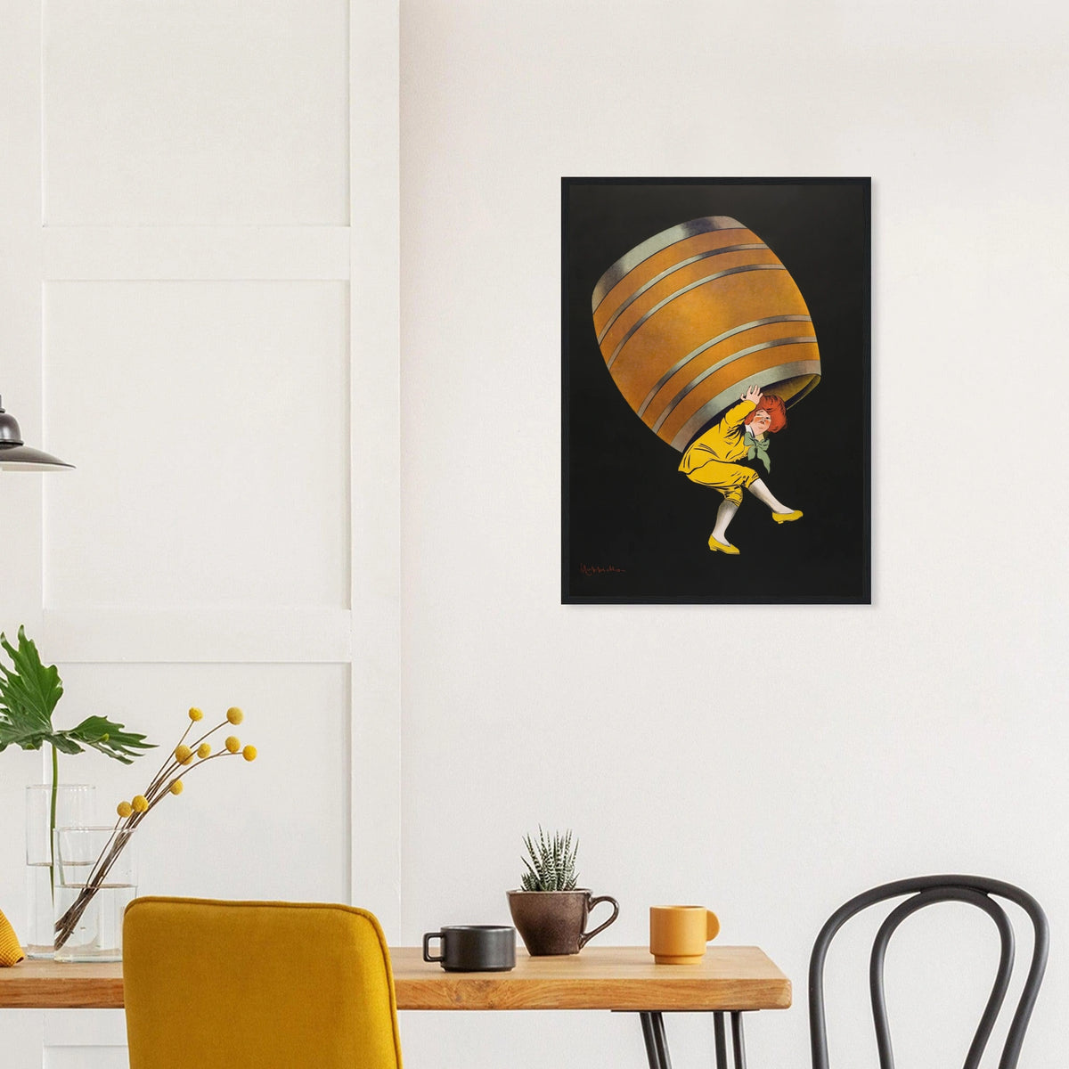 Cognac Pellisson in a black frame above a dining table; styled room mockup