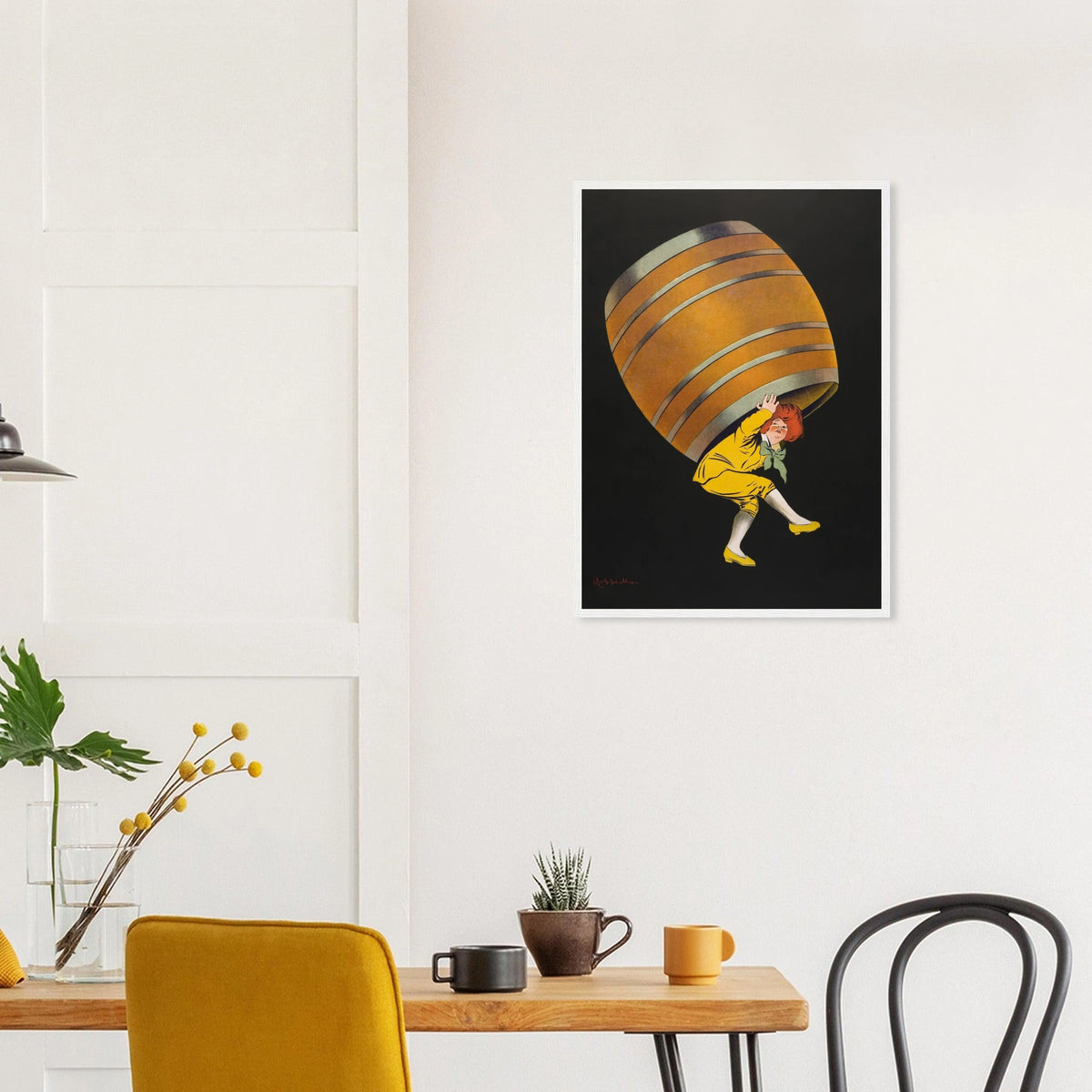 Cognac Pellisson in a white frame above a dining table; styled room mockup