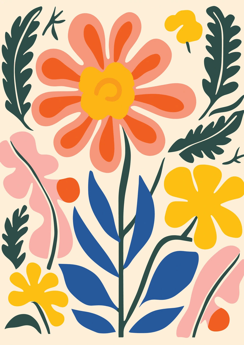 Coral Daisy and Meadow Flowers — borderless A-series artwork