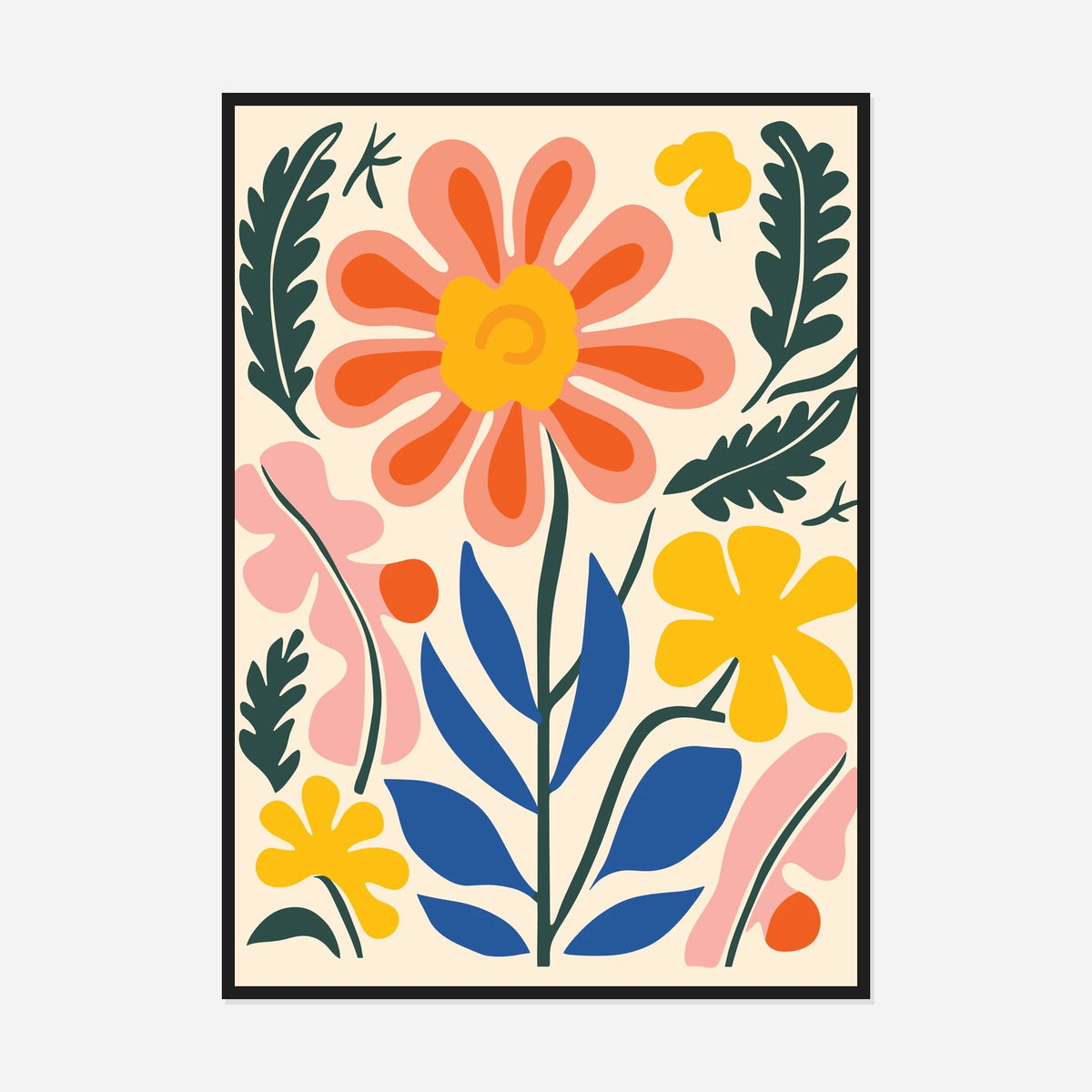 Coral Daisy and Meadow Flowers — front view in a black frame