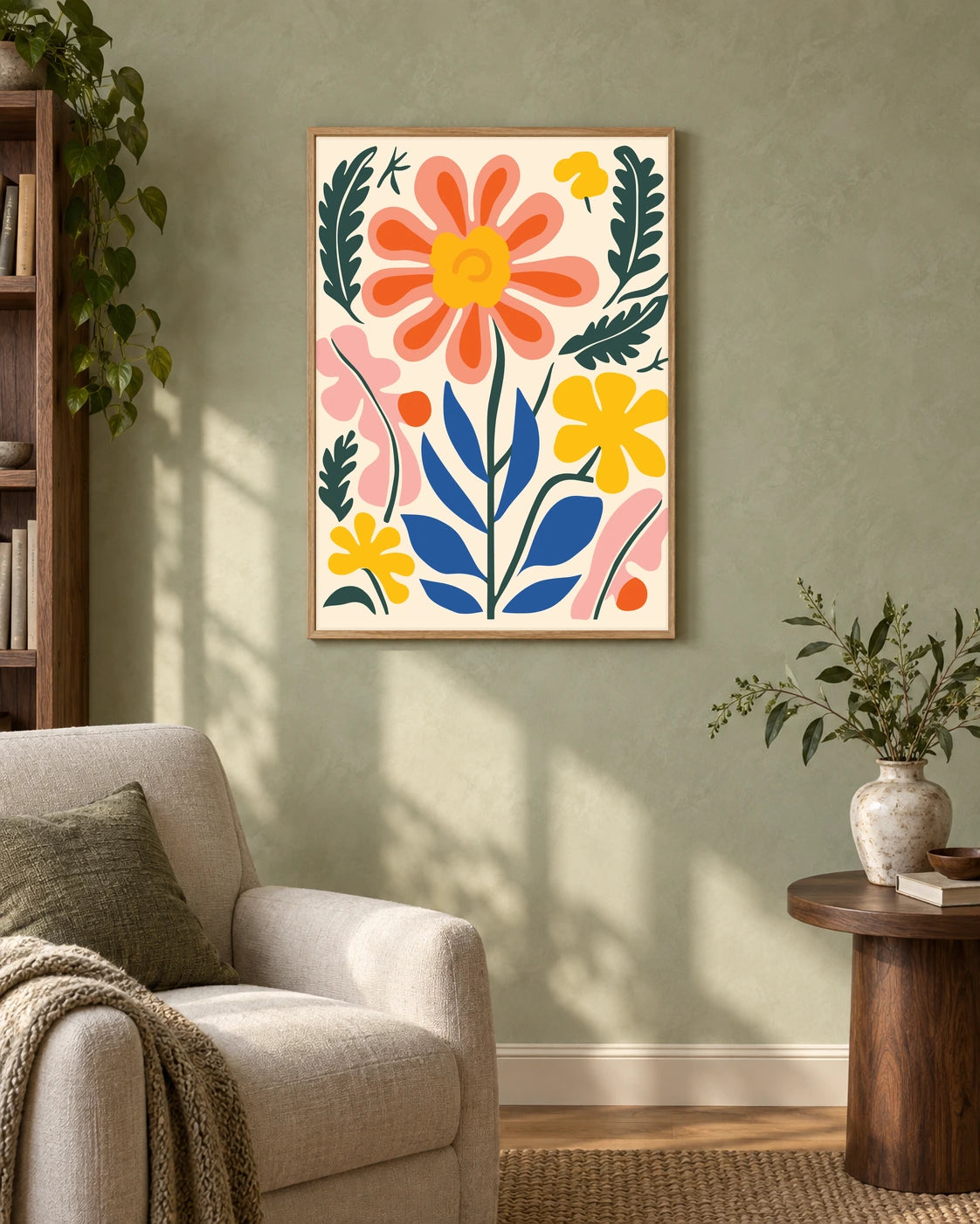 Coral Daisy and Meadow Flowers — styled room visualisation in a natural wood frame