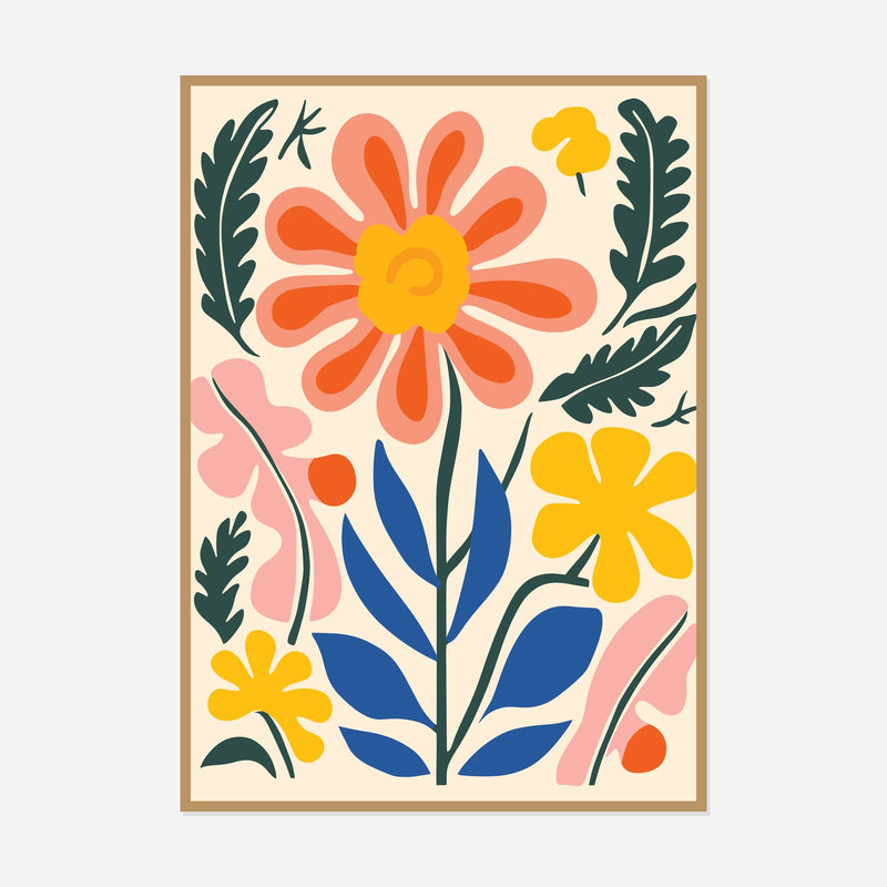 Coral Daisy and Meadow Flowers — front view in a natural wood frame