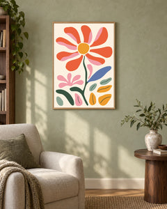 Coral Daisy and Pink Flowers — styled room visualisation in a natural wood frame