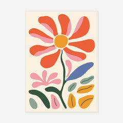 Coral Daisy and Pink Flowers — front view in a white frame
