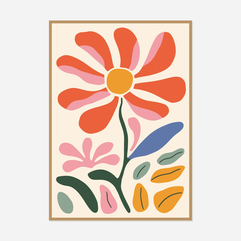 Coral Daisy and Pink Flowers — front view in a natural wood frame