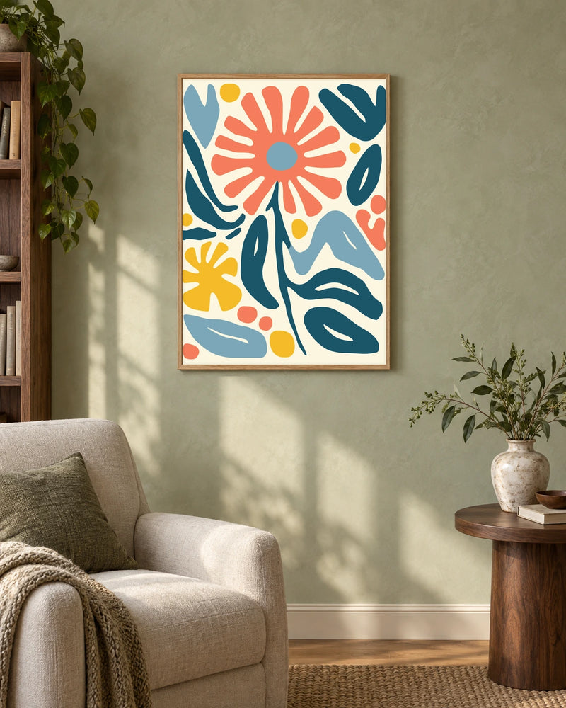 Coral Flower and Foliage — styled room visualisation in a natural wood frame