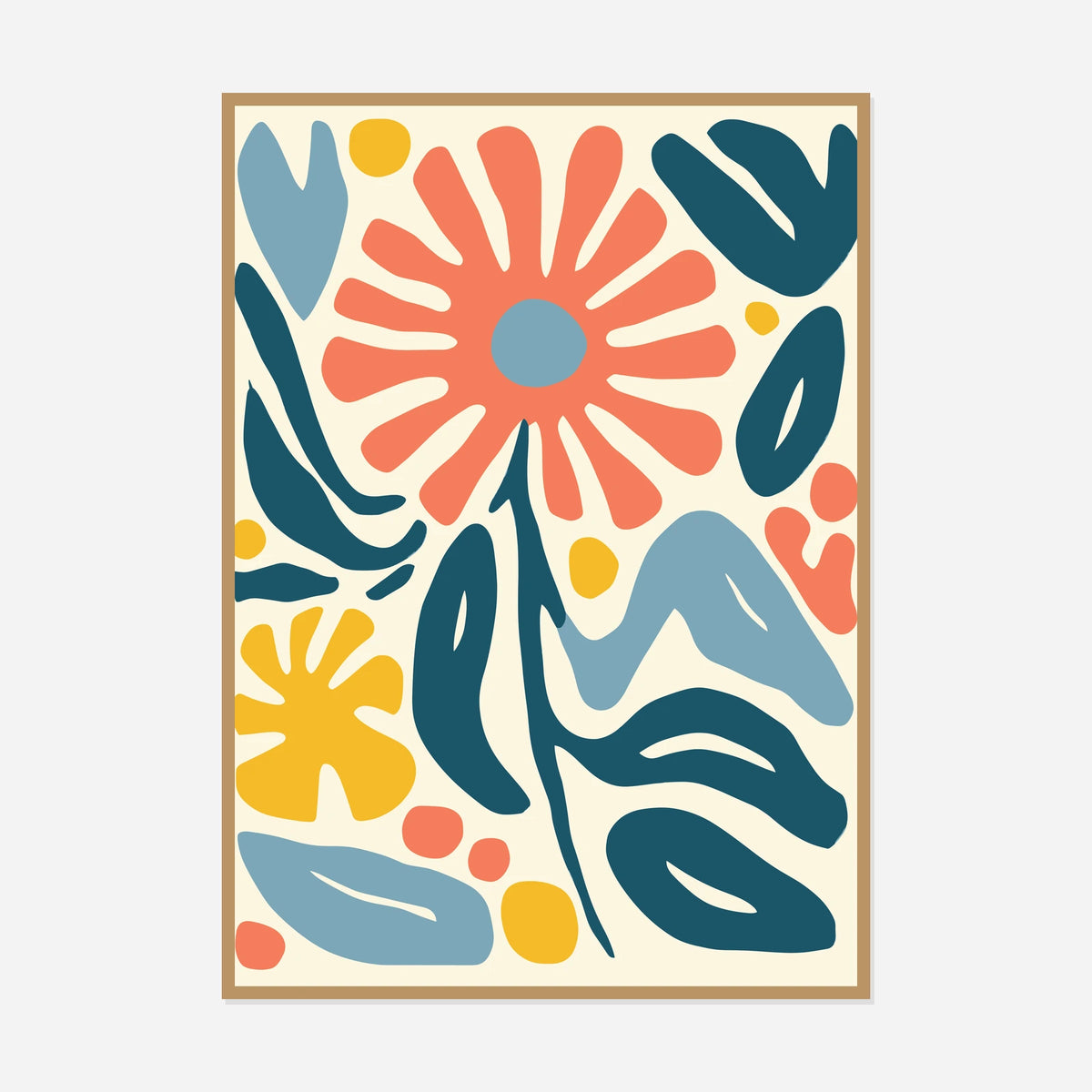 Coral Flower and Foliage — front view in a natural wood frame