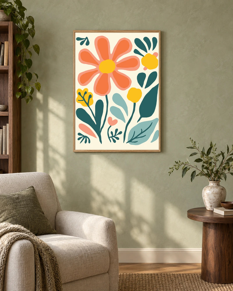 Coral Flower Study — styled room visualisation in a natural wood frame
