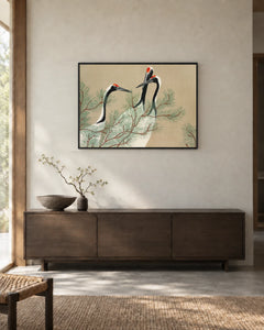 Cranes and Pine — styled room visualisation in a black frame