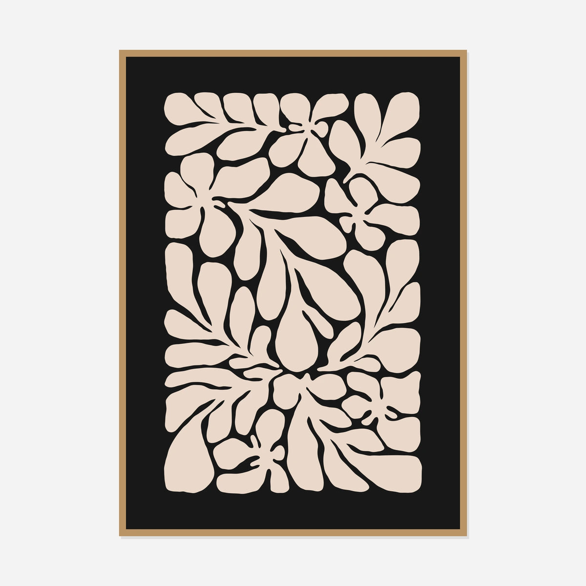 Cream Foliage on Black — front view in a natural wood frame