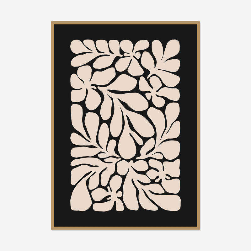 Cream Foliage on Black — front view in a natural wood frame