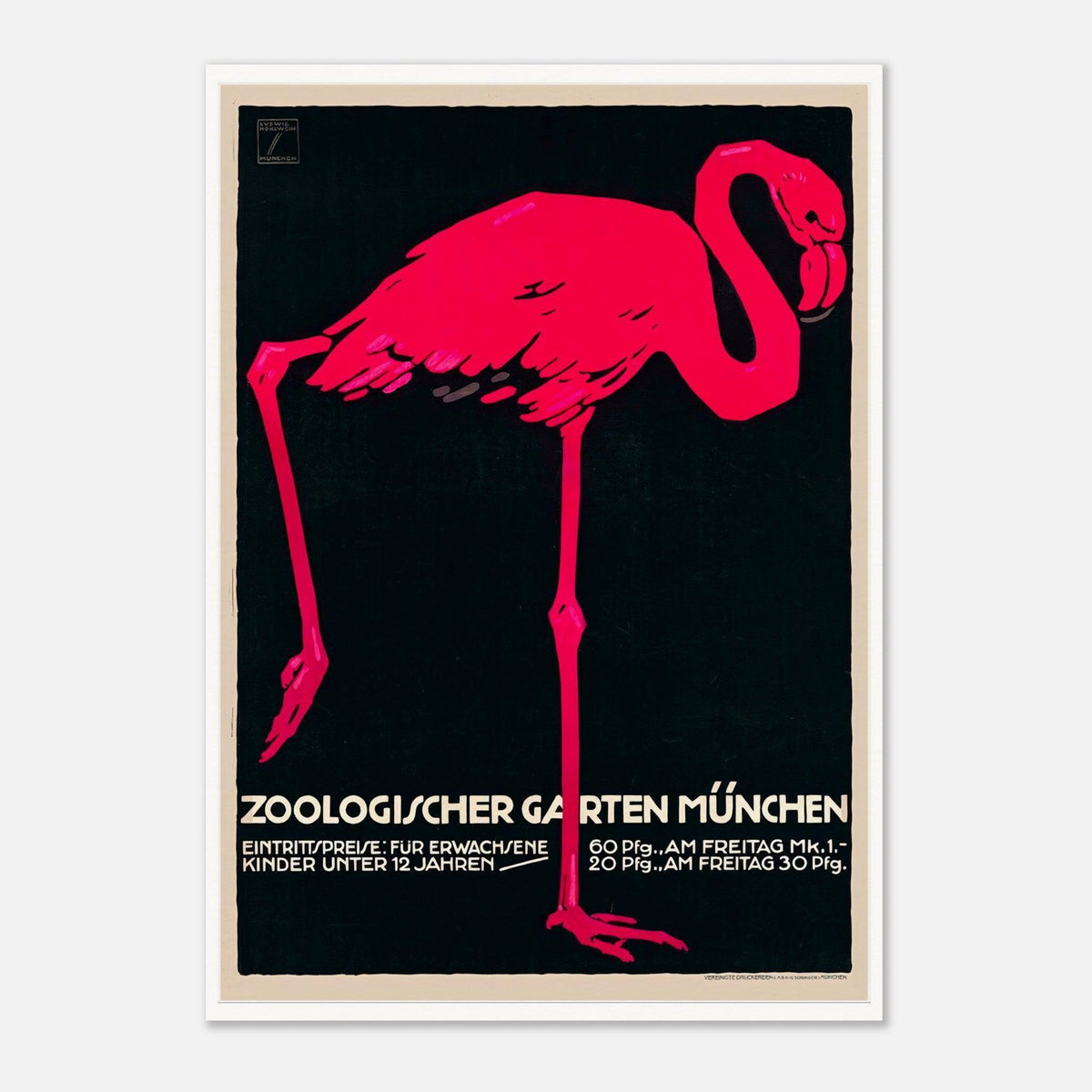 Munich Zoo Pink Flamingo Vintage Poster by Ludwig Holhwein