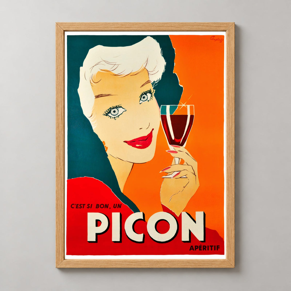 Picon Aperitif French Vintage Advertising Poster by Marcus Campbell — realistic natural wood frame studio view