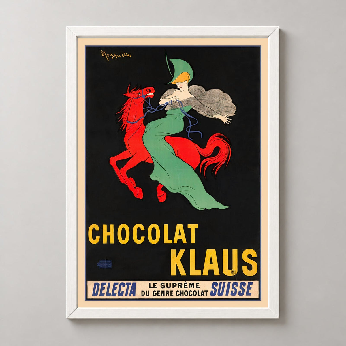 Chocolate Klaus Vintage Advertising Poster by Leonetto Cappiello — realistic white frame studio view
