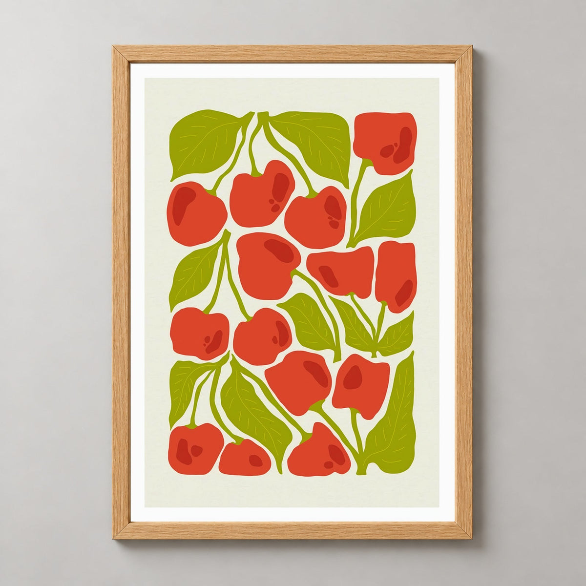 Cherry Print  | Abstract Fruit Collection | Kitchen wall art — realistic natural wood frame studio view