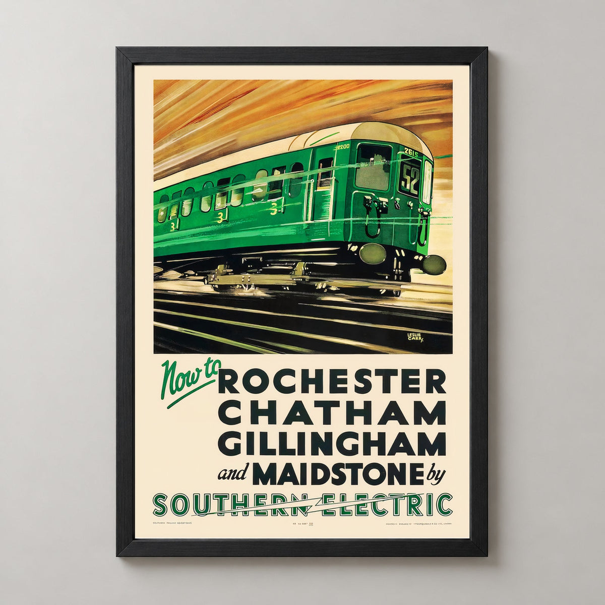 Rochester Chatham Gillingham and Maidstone by Southern Railway - Vintage Railway Poster — realistic black frame studio view