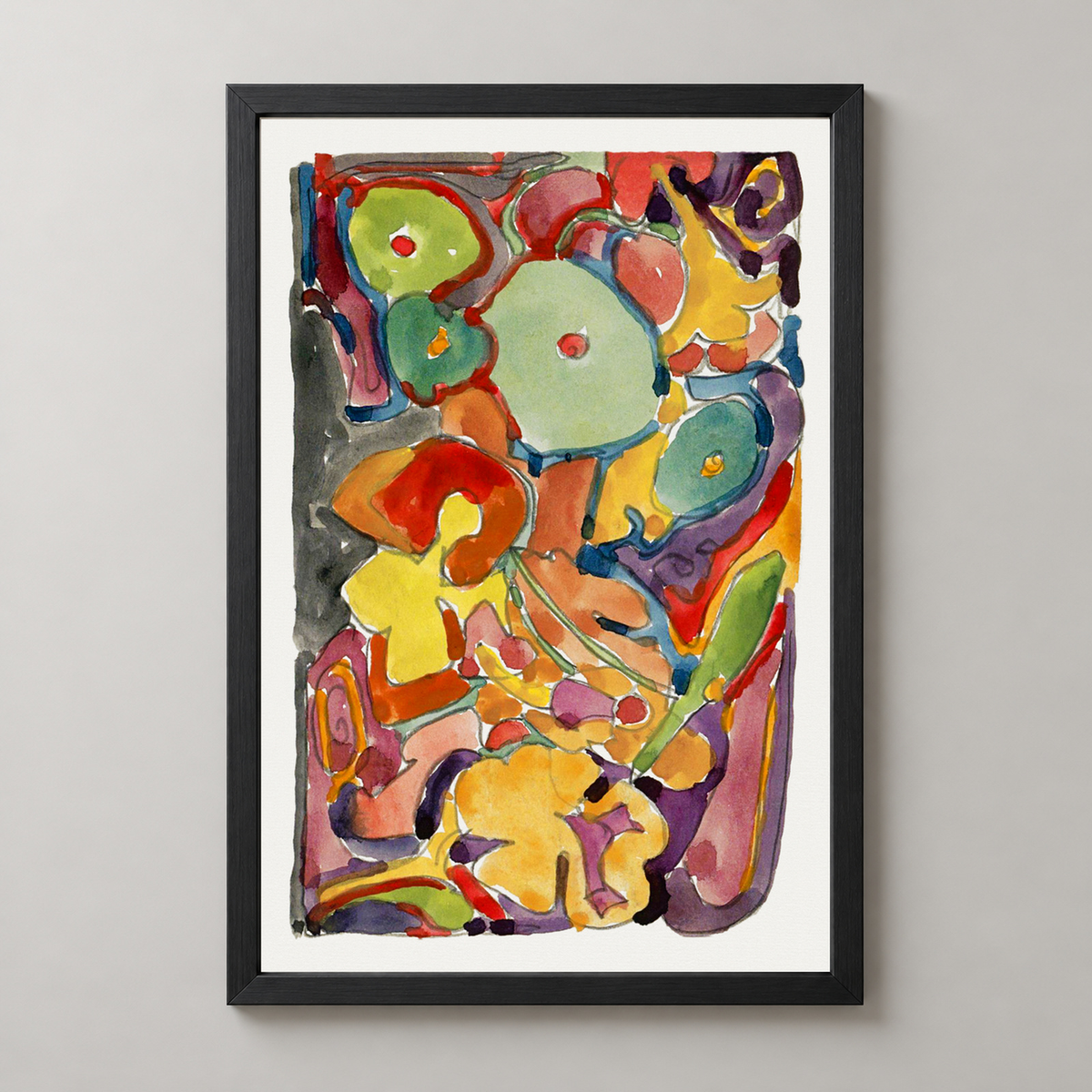 Colorful Abstract Watercolor Art Print – Vibrant Wall Decor — realistic black frame studio view